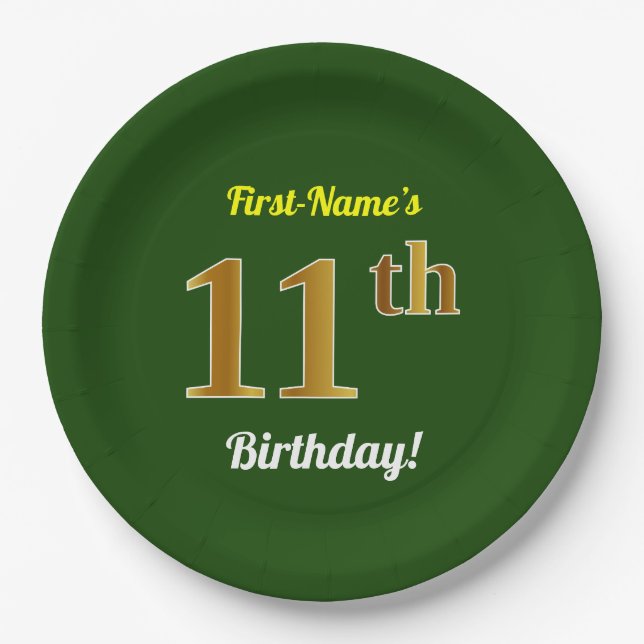 Green, Faux Gold 11th Birthday + Custom Name Paper Plates (Front)