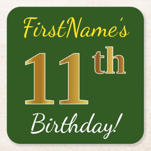 Green Faux Gold 11th Birthday  Custom Name Square Paper Coaster