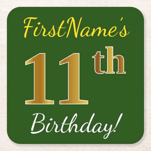 Green, Faux Gold 11th Birthday + Custom Name Square Paper Coaster (Front)