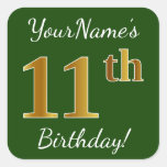 [ Thumbnail: Green, Faux Gold 11th Birthday + Custom Name Sticker ]