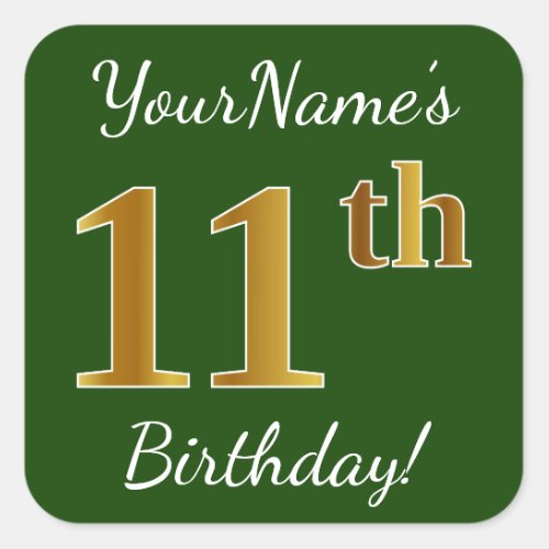 Green Faux Gold 11th Birthday  Custom Name Square Sticker
