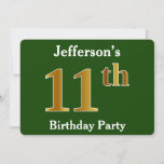 [ Thumbnail: Green, Faux Gold 11th Birthday Party + Custom Name Invitation ]