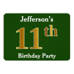 [ Thumbnail: Green, Faux Gold 11th Birthday Party + Custom Name Invitation ]