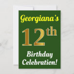 [ Thumbnail: Green, Faux Gold 12th Birthday Celebration + Name Invitation ]