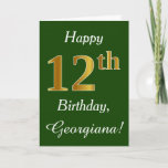 [ Thumbnail: Green, Faux Gold 12th Birthday + Custom Name Card ]