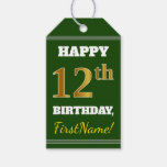 [ Thumbnail: Green, Faux Gold 12th Birthday + Custom Name Gift Tags ]