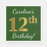 [ Thumbnail: Green, Faux Gold 12th Birthday + Custom Name Napkin ]