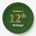 [ Thumbnail: Green, Faux Gold 12th Birthday + Custom Name Paper Plates ]
