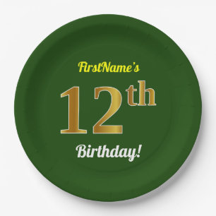 Green, Faux Gold 12th Birthday + Custom Name Paper Plates