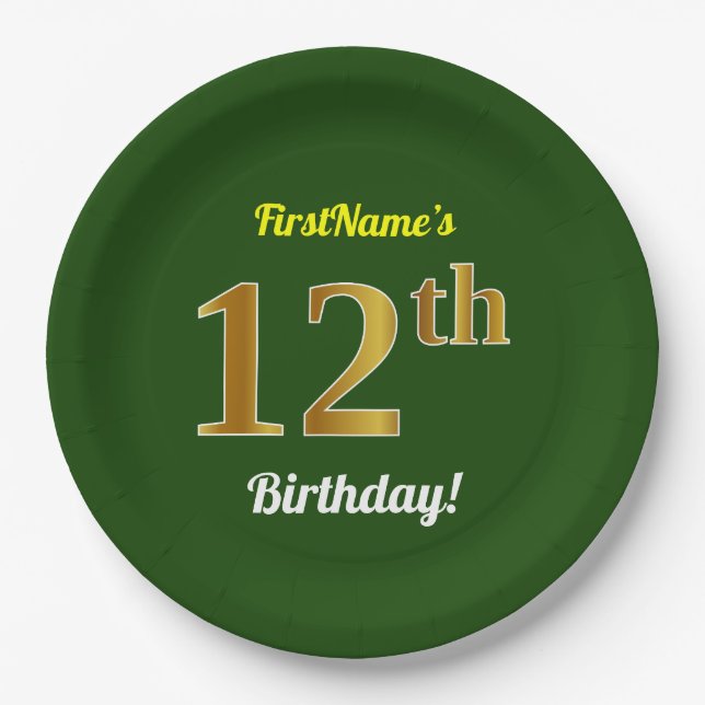Green, Faux Gold 12th Birthday + Custom Name Paper Plates (Front)