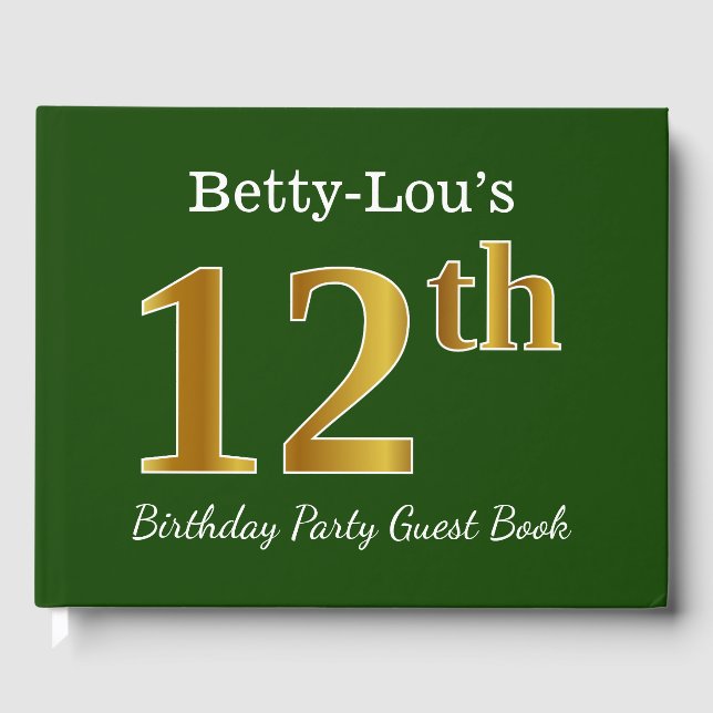 Green, Faux Gold 12th Birthday Party + Custom Name Guest Book (Front)