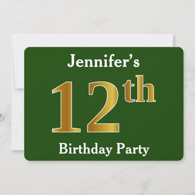 Green, Faux Gold 12th Birthday Party + Custom Name Invitation (Front)