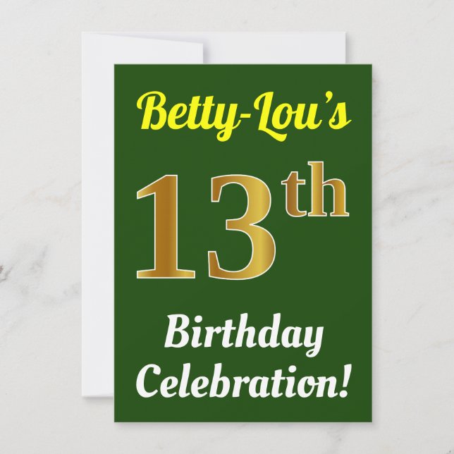 Green, Faux Gold 13th Birthday Celebration + Name Invitation (Front)