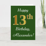 [ Thumbnail: Green, Faux Gold 13th Birthday + Custom Name Card ]
