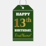 [ Thumbnail: Green, Faux Gold 13th Birthday + Custom Name Gift Tags ]