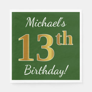 Green, Faux Gold 13th Birthday + Custom Name Paper Napkins