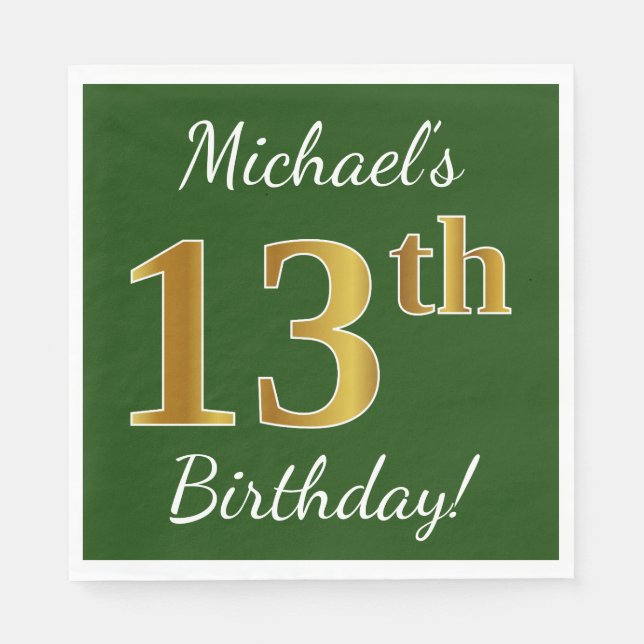 Green, Faux Gold 13th Birthday + Custom Name Paper Napkins (Front)