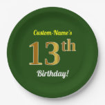 [ Thumbnail: Green, Faux Gold 13th Birthday + Custom Name Paper Plates ]