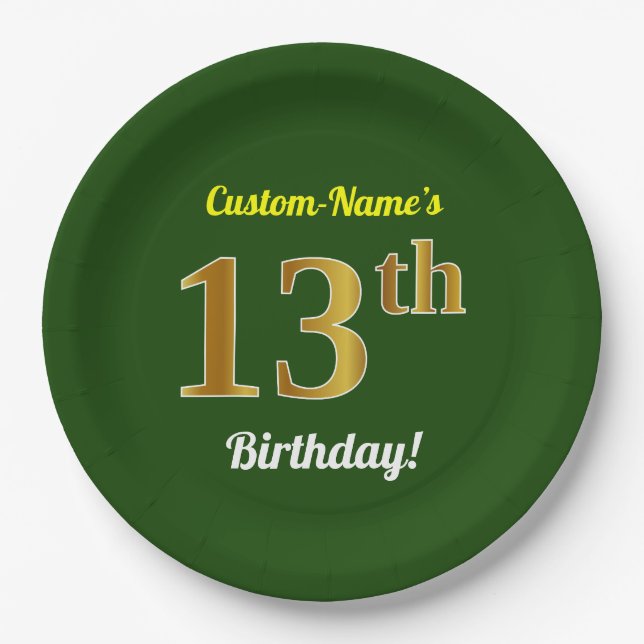 Green, Faux Gold 13th Birthday + Custom Name Paper Plates (Front)