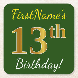 Green, Faux Gold 13th Birthday + Custom Name Square Paper Coaster