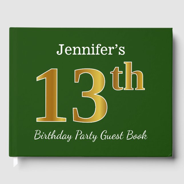 Green, Faux Gold 13th Birthday Party + Custom Name Guest Book (Front)