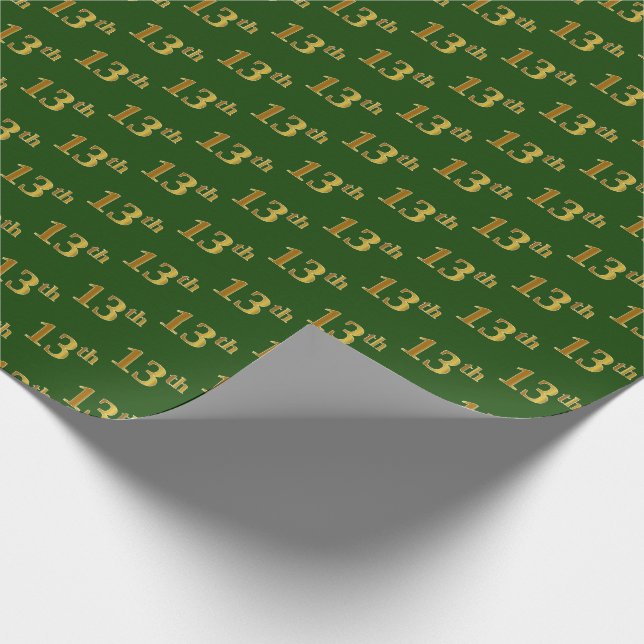 Green, Faux Gold 13th (Thirteenth) Event Wrapping Paper (Corner)
