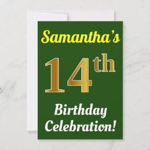 Green, Faux Gold 14th Birthday Celebration + Name Invitation