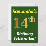 [ Thumbnail: Green, Faux Gold 14th Birthday Celebration + Name Invitation ]