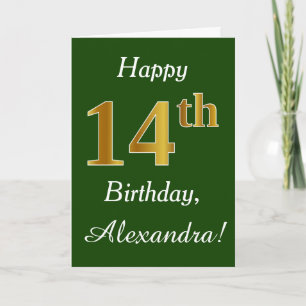 Green, Faux Gold 14th Birthday + Custom Name Card