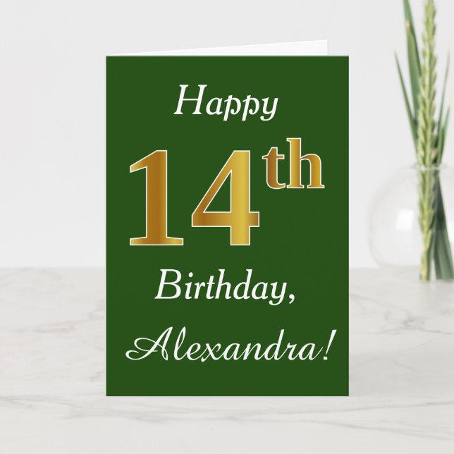Green, Faux Gold 14th Birthday + Custom Name Card (Front)
