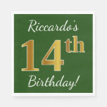 [ Thumbnail: Green, Faux Gold 14th Birthday + Custom Name Paper Napkin ]