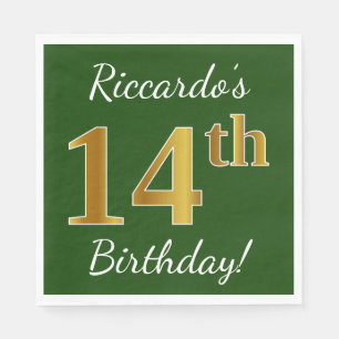 Green, Faux Gold 14th Birthday + Custom Name Paper Napkins