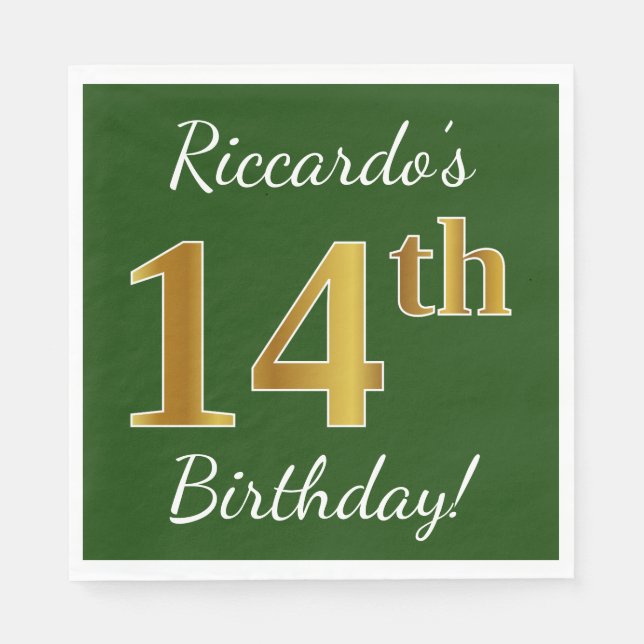 Green, Faux Gold 14th Birthday + Custom Name Paper Napkins (Front)