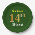 [ Thumbnail: Green, Faux Gold 14th Birthday + Custom Name Paper Plates ]