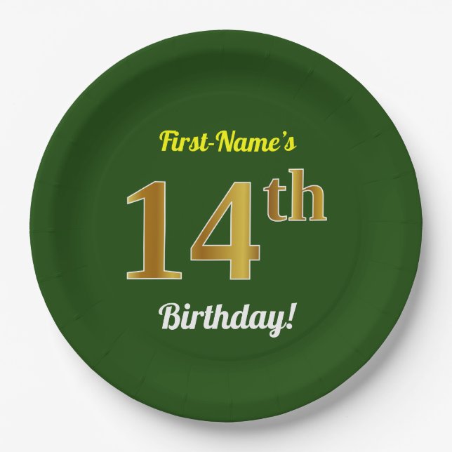 Green, Faux Gold 14th Birthday + Custom Name Paper Plates (Front)