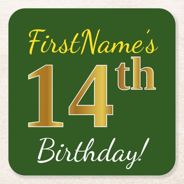 Green, Faux Gold 14th Birthday + Custom Name Square Paper Coaster (Front)
