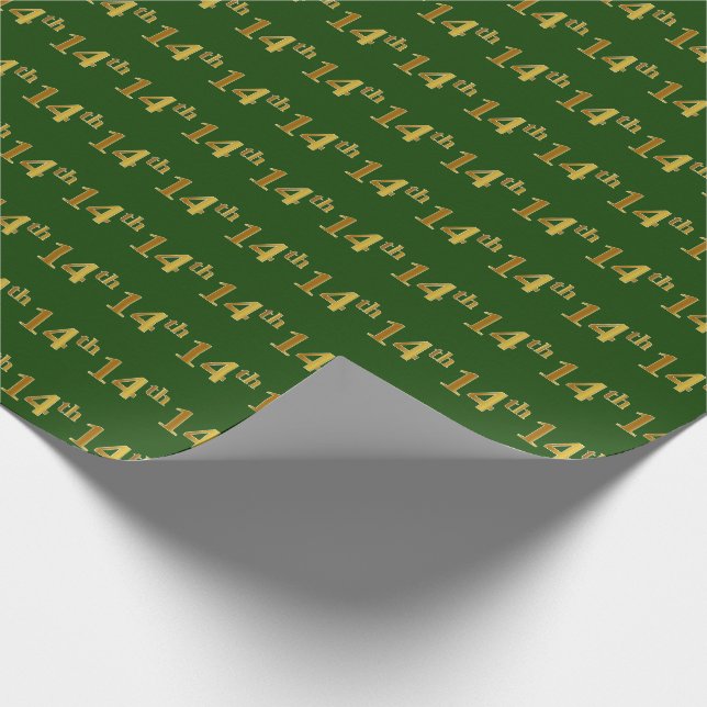Green, Faux Gold 14th (Fourteenth) Event Wrapping Paper (Corner)