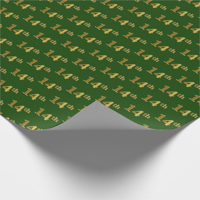 Green, Faux Gold 14th (Fourteenth) Event Wrapping Paper (Corner)