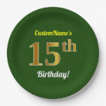 [ Thumbnail: Green, Faux Gold 15th Birthday + Custom Name Paper Plates ]