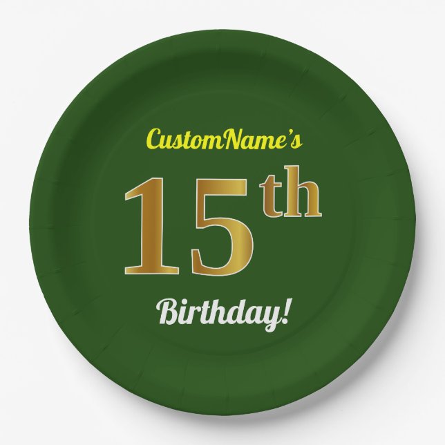 Green, Faux Gold 15th Birthday + Custom Name Paper Plates (Front)