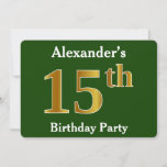 [ Thumbnail: Green, Faux Gold 15th Birthday Party + Custom Name Invitation ]