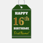 [ Thumbnail: Green, Faux Gold 16th Birthday + Custom Name Gift Tags ]