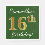 [ Thumbnail: Green, Faux Gold 16th Birthday + Custom Name Napkin ]
