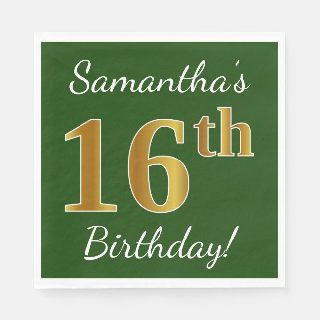 Green, Faux Gold 16th Birthday + Custom Name Napkins (Front)