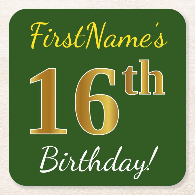Green, Faux Gold 16th Birthday + Custom Name Square Paper Coaster (Front)
