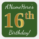 [ Thumbnail: Green, Faux Gold 16th Birthday + Custom Name Sticker ]