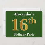 [ Thumbnail: Green, Faux Gold 16th Birthday Party + Custom Name Invitation ]