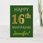 [ Thumbnail: Green, Faux Gold 16th Wedding Anniversary + Name Card ]