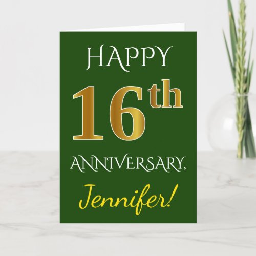 Green Faux Gold 16th Wedding Anniversary  Name Card