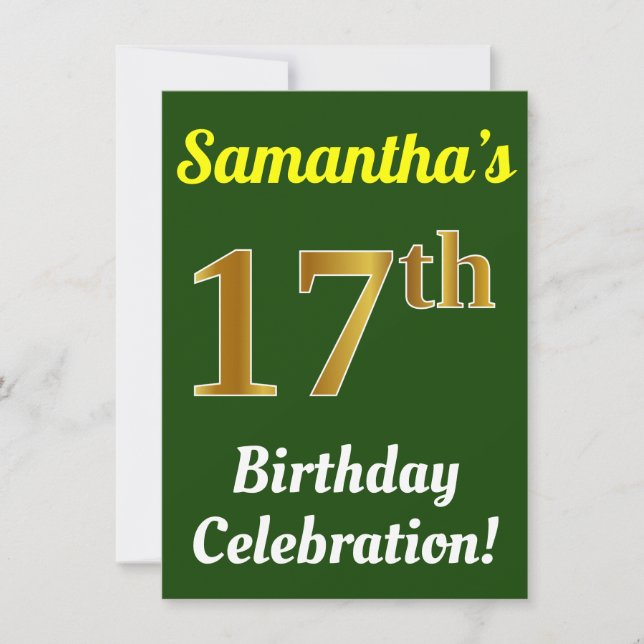 Green, Faux Gold 17th Birthday Celebration + Name Invitation (Front)